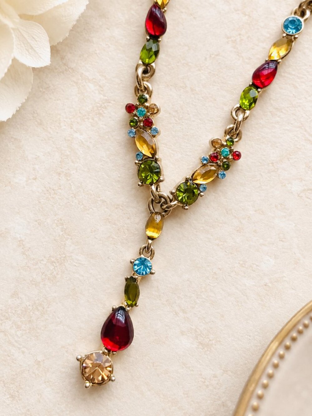 Vintage Y2K Liz Claiborne Multicolor Rhinestone Y Drop Necklace